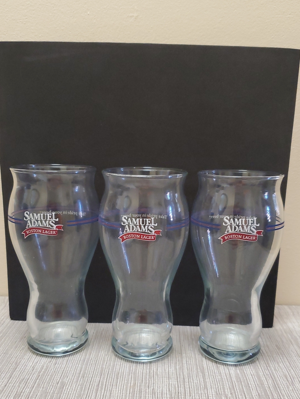 SAMUEL SAM ADAMS BOSTON LAGER GLASS " TAKE PRIDE IN YOUR BEER " 16 OZ LOT OF 3